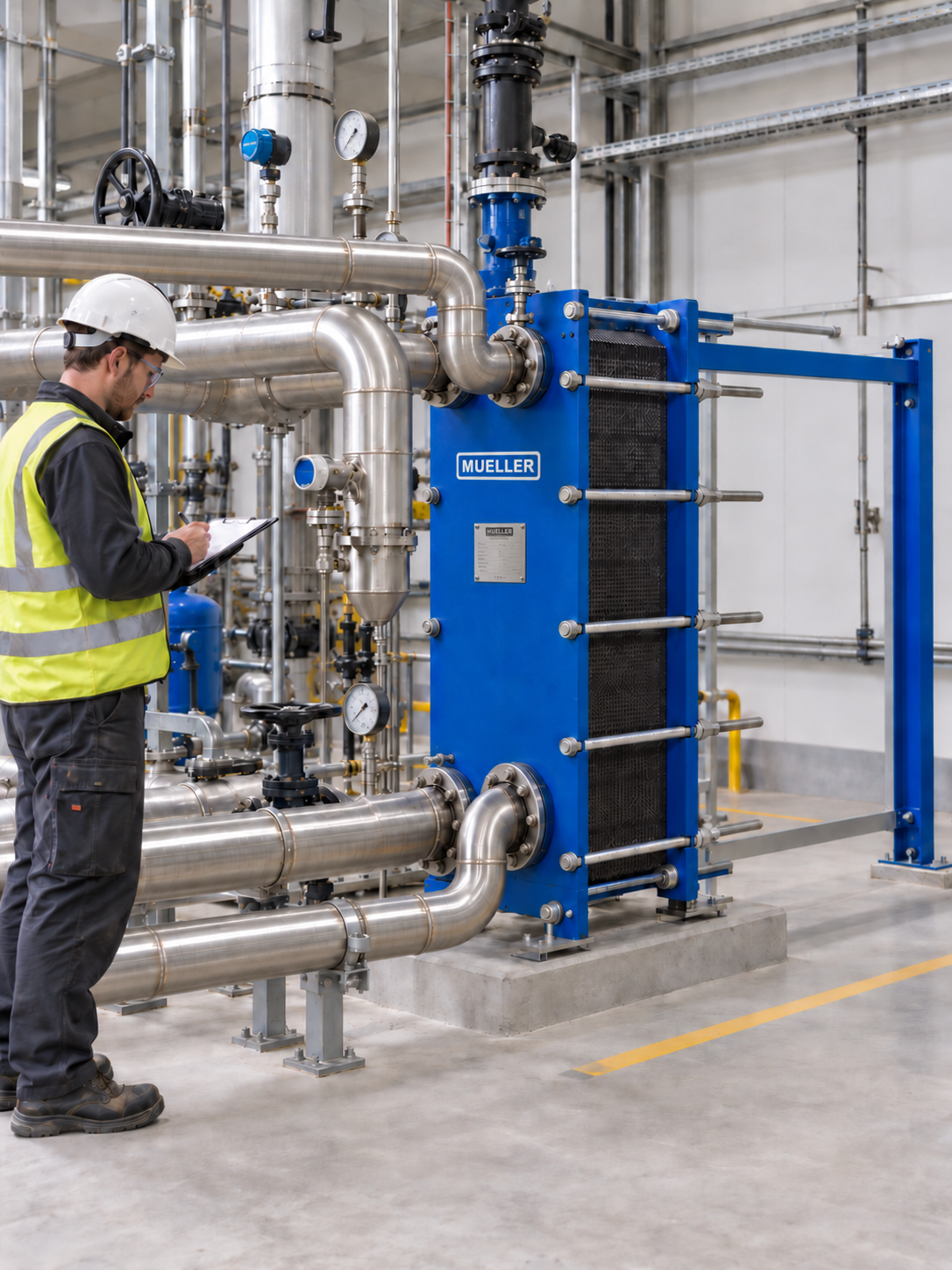 Heat exchanger installation with clearance for plate pack removal